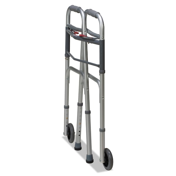 Two-Button Release Folding Walker With Wheels,Adjusts 32 In. To 38 In.,250 Lb Capacity,Silver/Gray
